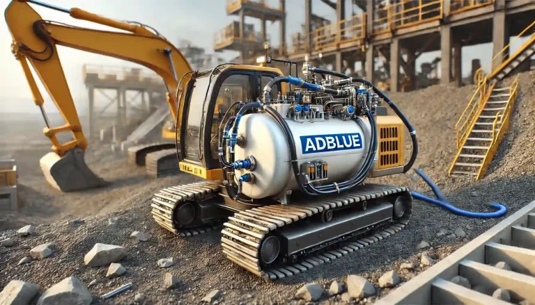 AdBlue tank mounted on an excavator at a construction site