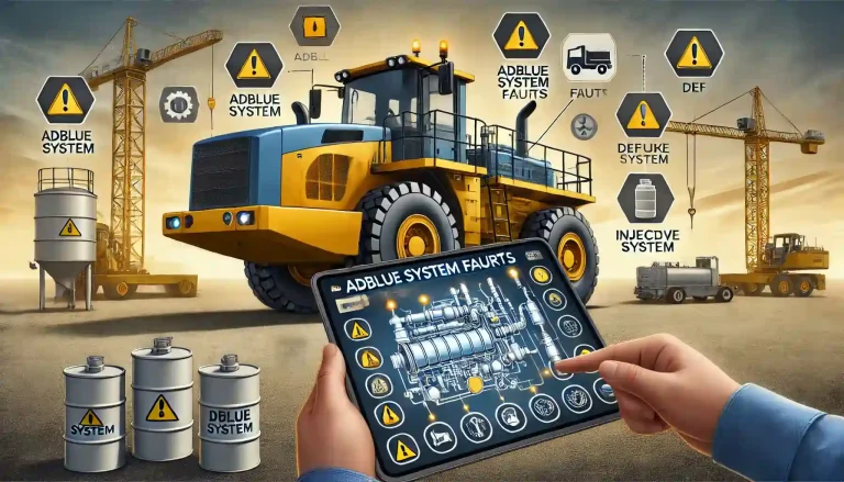 Technician diagnosing AdBlue system fault on a diesel construction machine with warning lights and diagnostic tablet