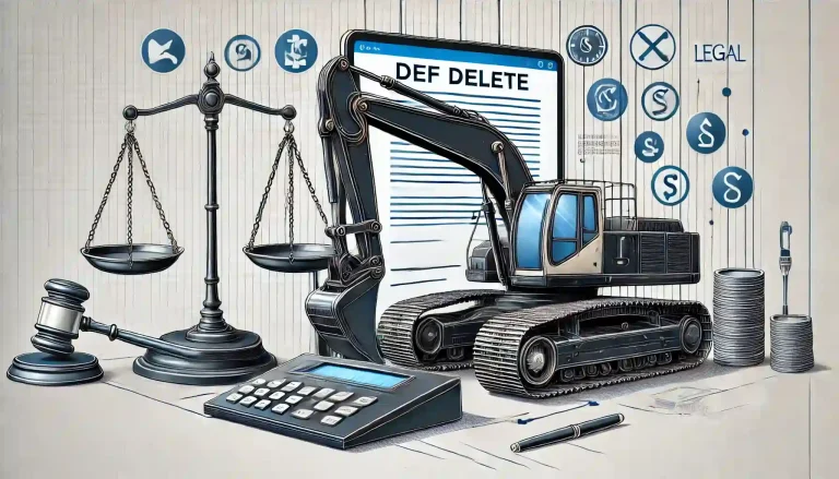 DEF Delete Emulator with excavator and legal symbols representing compliance and law