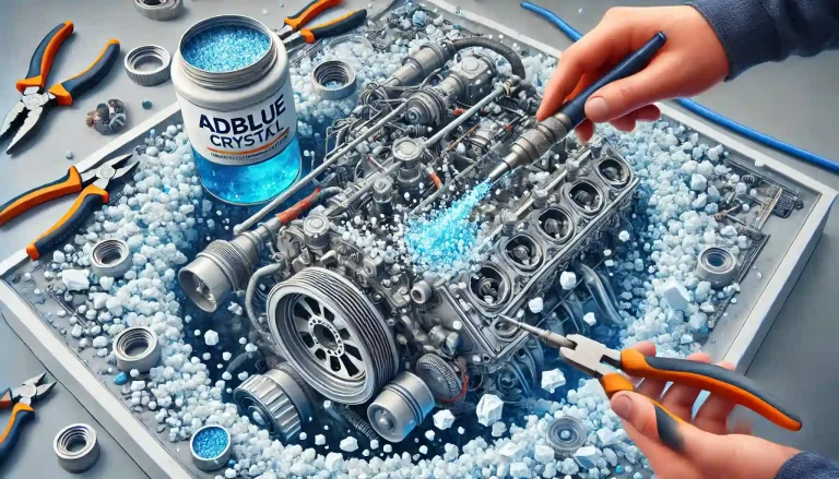 Technician cleaning AdBlue crystal buildup from DEF injector and tank on diesel machine