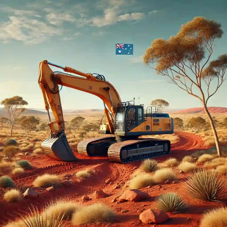 Excavator working in the Australian Outback with DEF delete installed, operating on red soil with a distant kangaroo and blue sky in the background