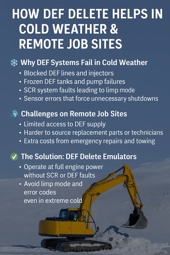 Excavator working in snow without DEF faults using DEF delete emulator